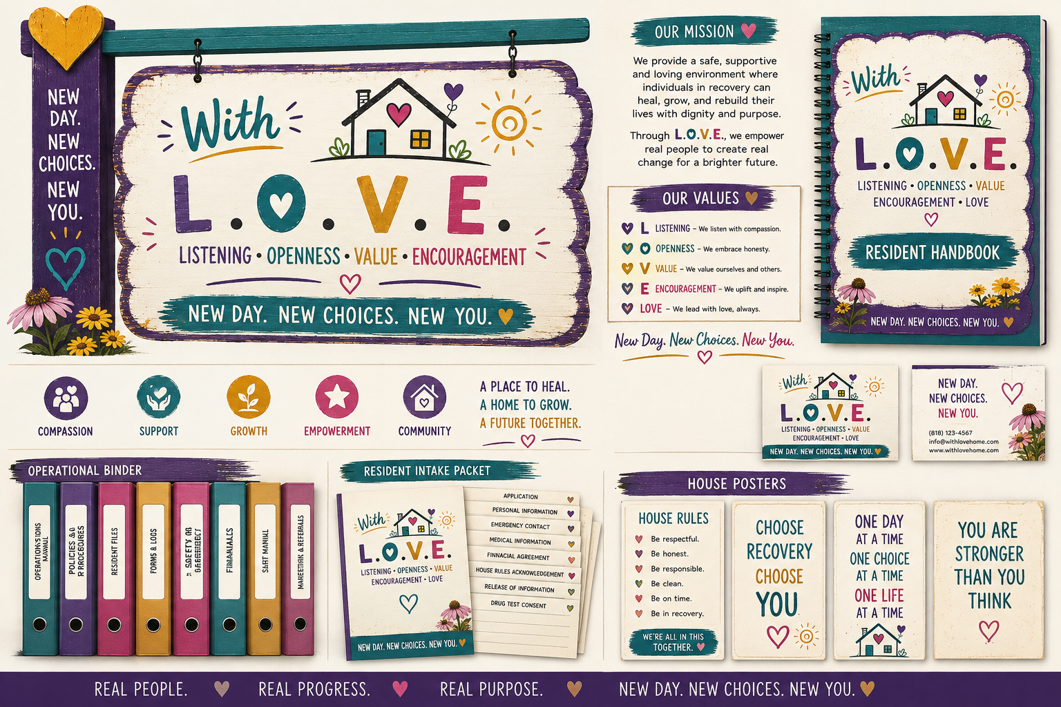 New You With L.O.V.E. mission, values, resident handbook, intake packet and house materials